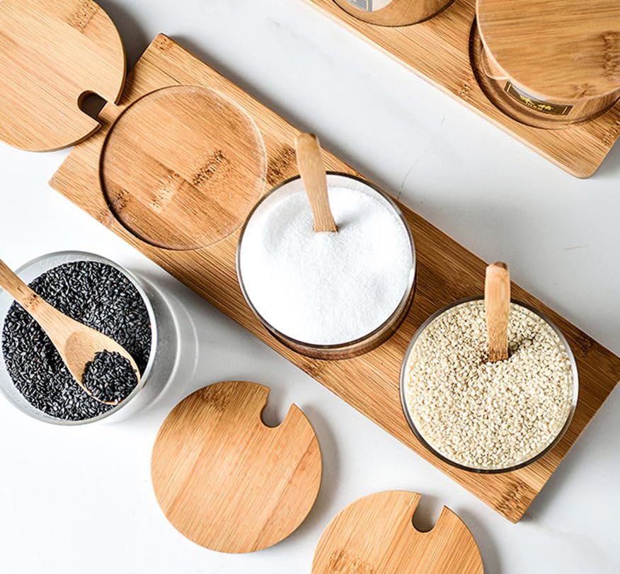 Luminexia Barattolo per condimenti da Cucina,Set di barattoli per condimenti in Vetro con coperchi e Cucchiaio di bambù,Scatola per condimenti in Vetro,per conservare Lo Zucchero di Sale di e spezie