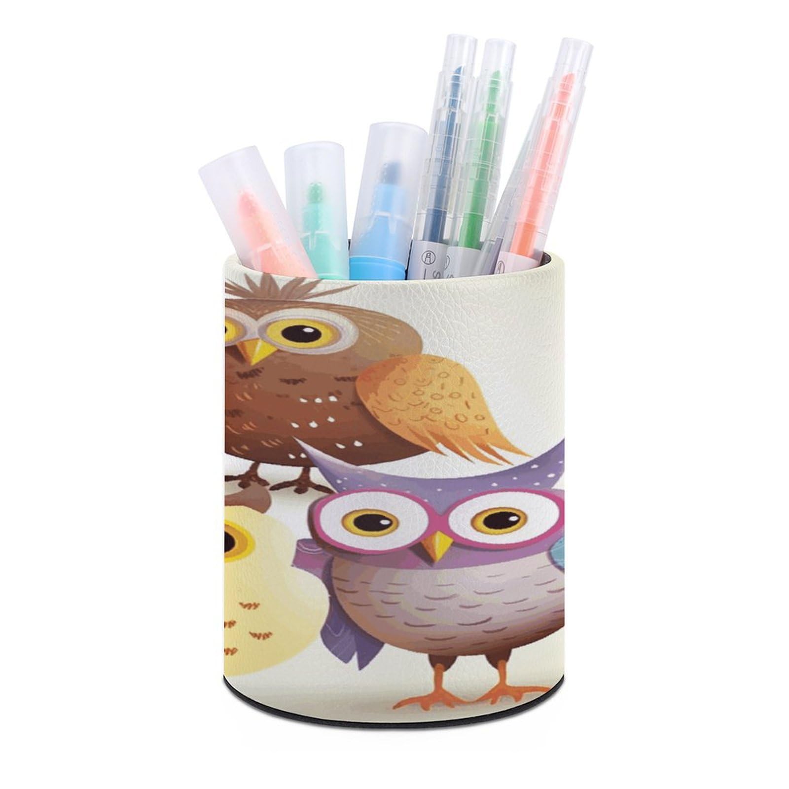 FekiLoot Owls Birds Pen Holder Cup Fashion PU Leather Pencil Cup Minimalist Pen Organizer Round Pencil Holder Stand Work Locker Accessories for Decoration Desk Office Home