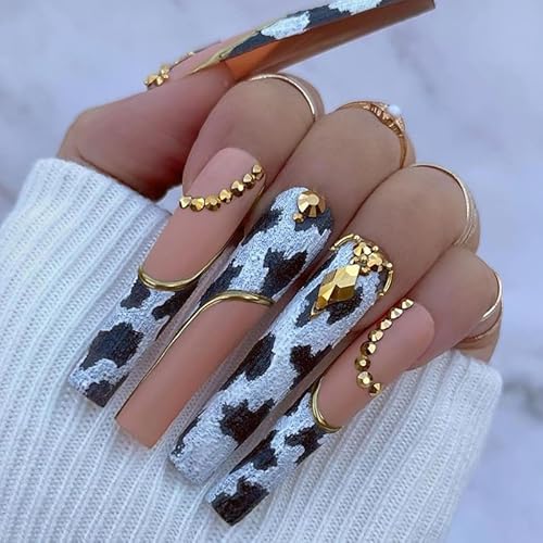 SPEVERT 24pcs Cow Print Press-on Nails with Gold Diamonds Extra Long Square Fake