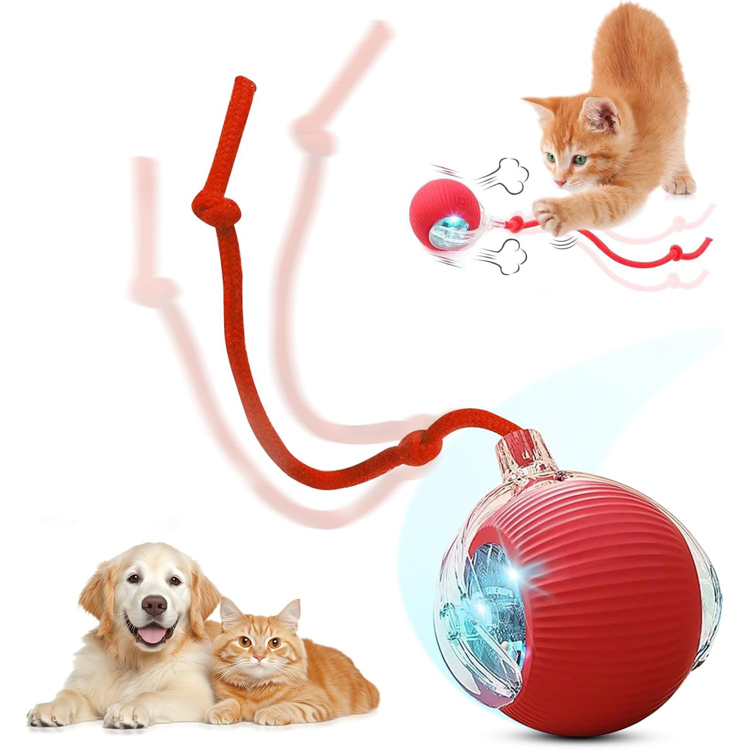 Interactive Electric Automatic Rolling Moving USB Rechargeable Self Activated Play Stimulation Toy Smart Chase Teaser Ball with Speedy Tail Rope for Bored Adult Indoor Cats and Dogs, Red - Red