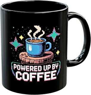 Powered Up by Coffee Pixel Art Gamer Coffee Mug 11oz Black | Gamer mug, gaming coffee mug, mug for gamers, pixel art design, microwave and dishwasher safe