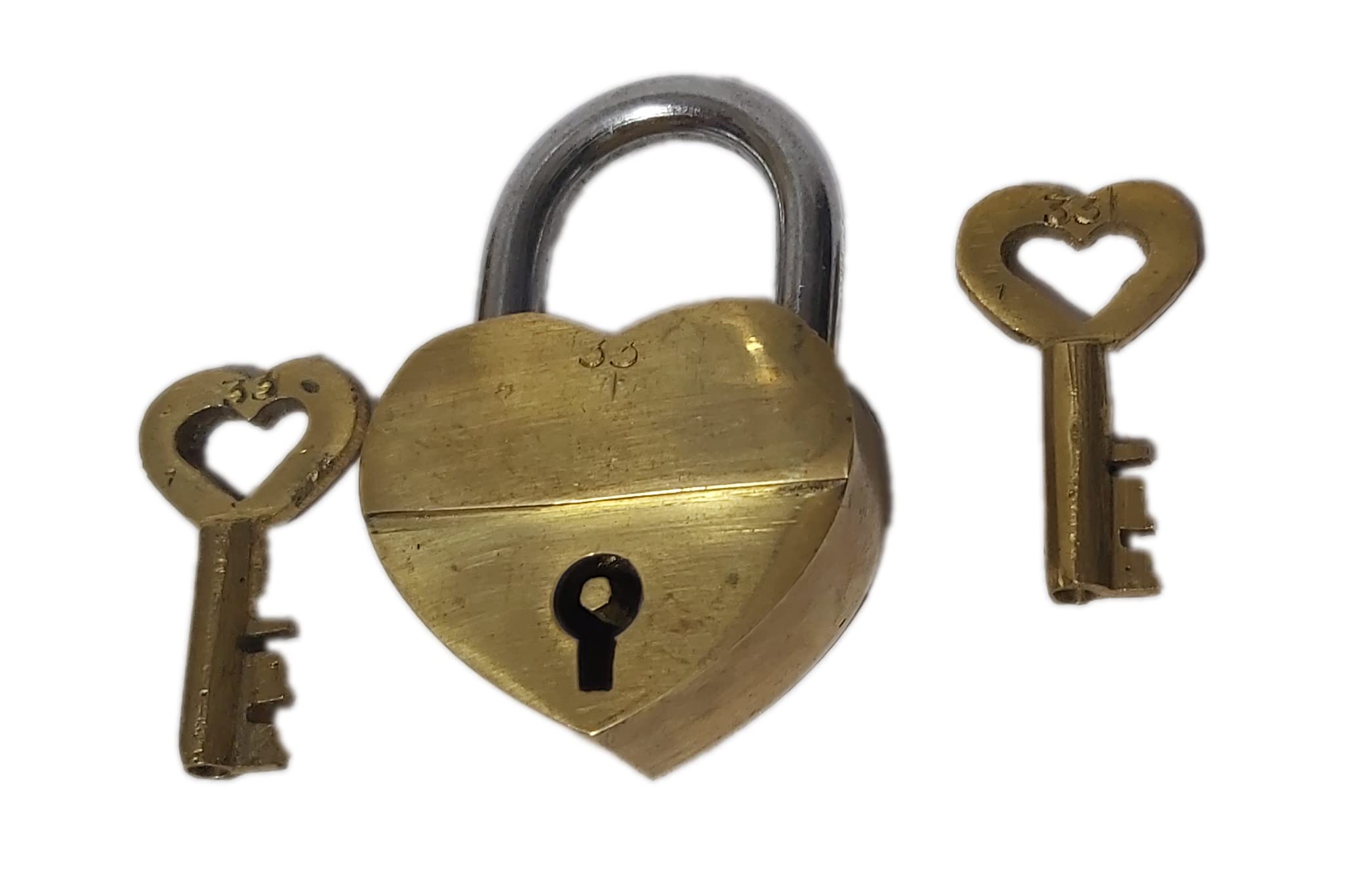 Brass Padlock - Lock with Keys - Working Functional - Brass Made Padlock Heart Shape Love Lock (Big)