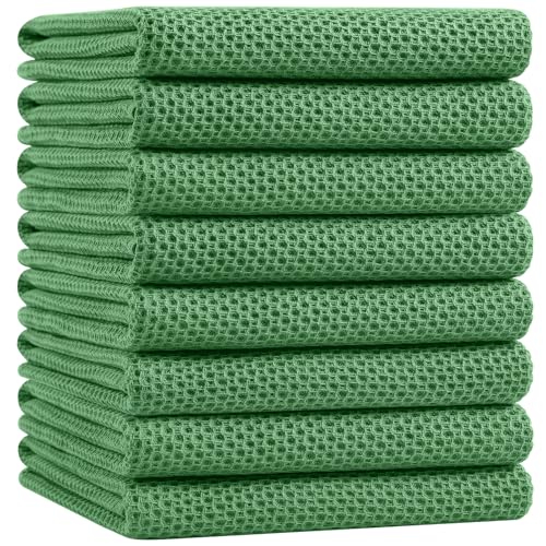 Image of Homaxy 100% Cotton Oversized Waffle Weave Kitchen Dish Towels, Ultra Soft Absorbent Quick Drying Cleaning Towel, 20x28 Inches, 8-Pack, Grass Green