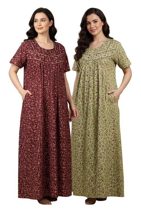 Image of Bahumaan Cotton Nighty for Women Full Length Stylish | Floral Print Cotton Maxi Dress for Women with Pocket | Sleepwear Gown for Women
