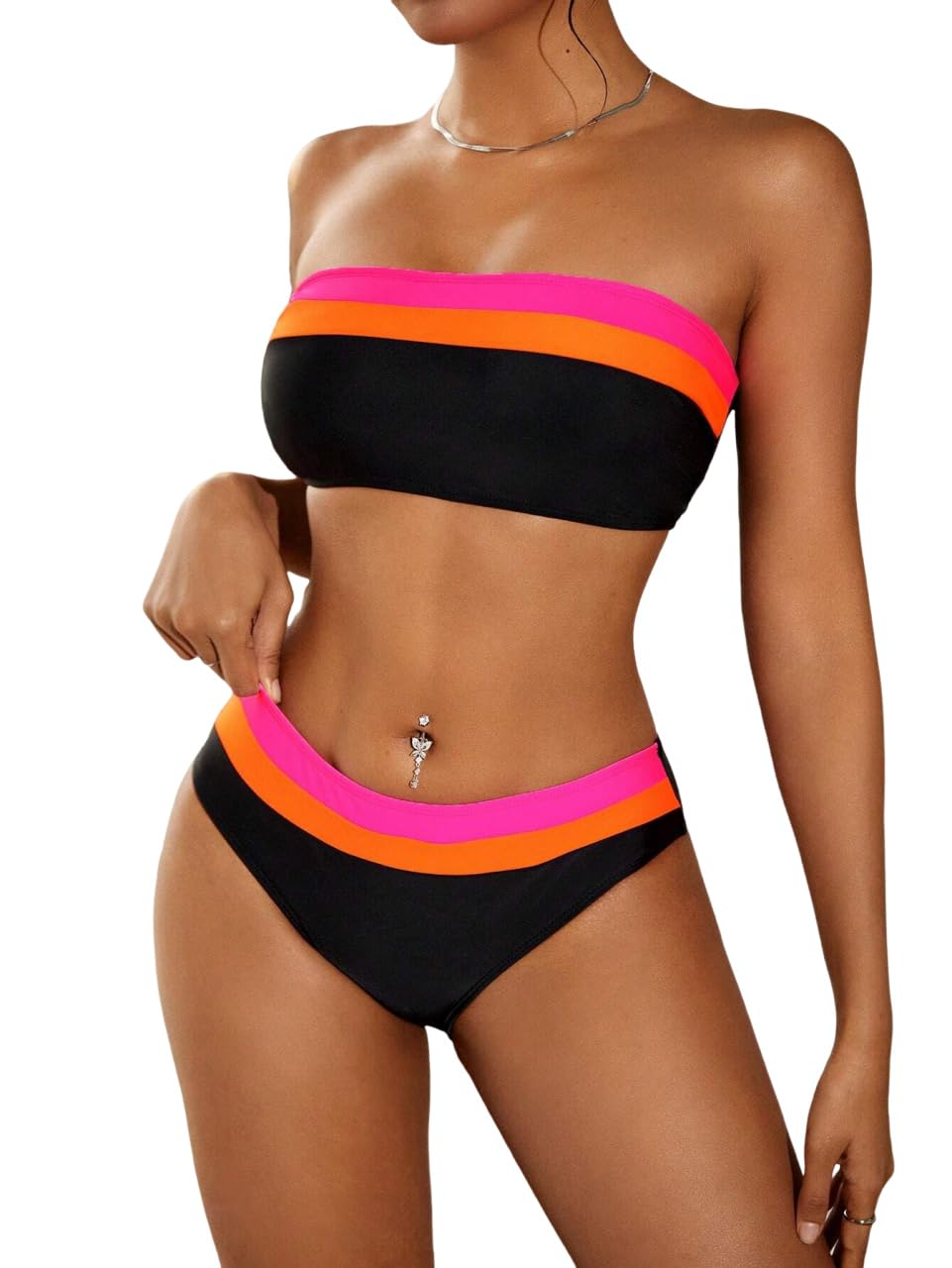 ZAFUL Women's High Cut Bandeau Bikini Set Strapless Solid Color 2 Pieces Bathing Suit Swimsuit (5-Black Red,L), Large