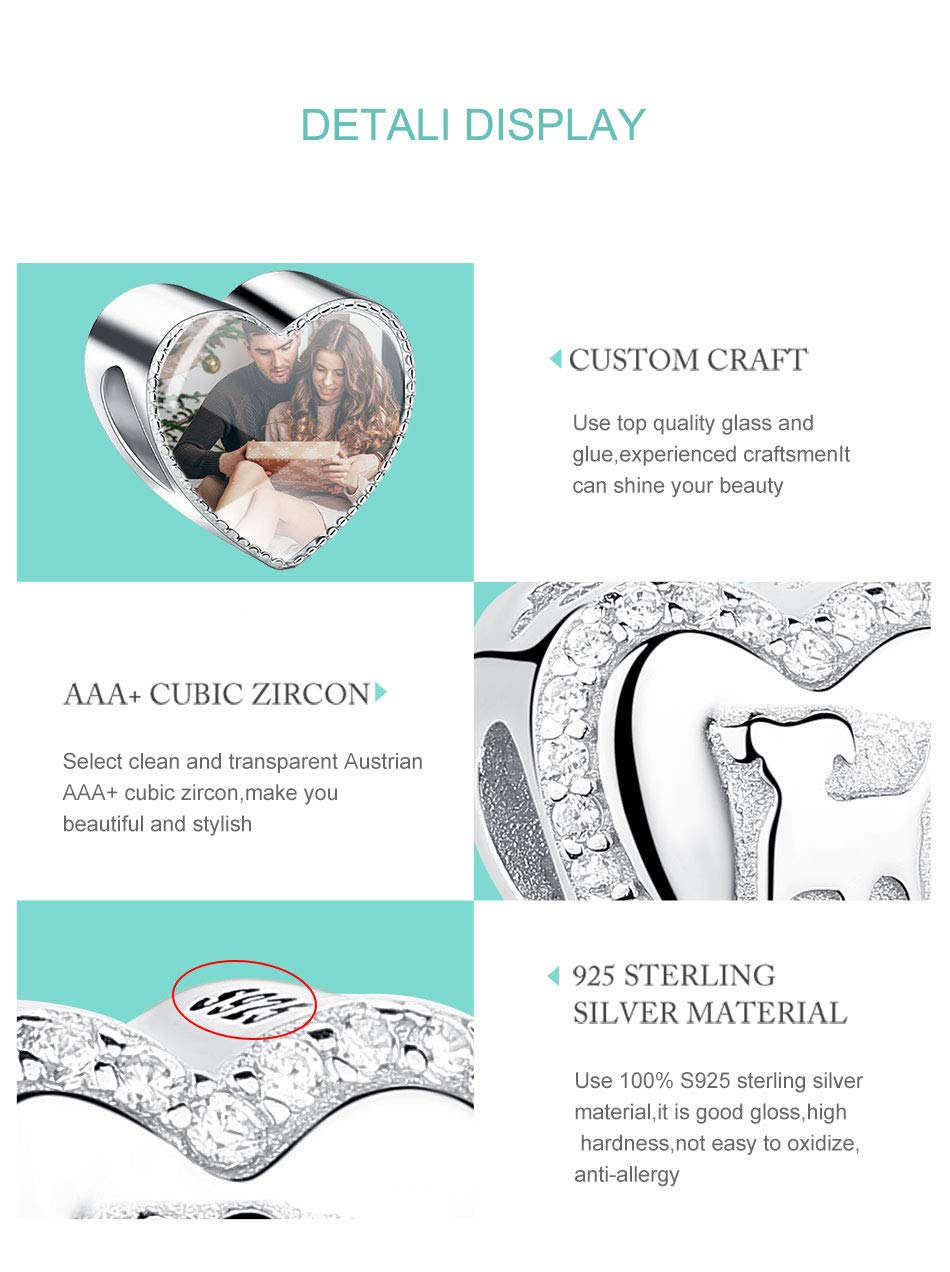 Cuore Ciondolo Charms 925 Argento Sterling Charms Personalizzata con Foto per Bracciale Collana Regalo Donna Mamma Nonna