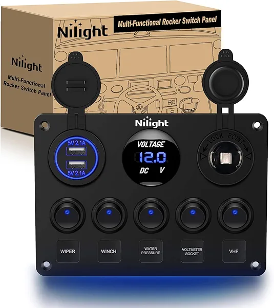 Nilight 90101E 5Gang Multi-Function 5 Gang Rocker Dual USB Charger + Digital Volmeter +12V Outlet Pre-Wired Switch Panel with Circuit Breakers for RV Car Boat Truck Trailer,2 Years Warranty,Blue