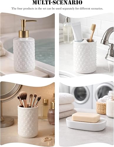 Miniatura 3 de Juego de accesorios de baño de cerámica, paquete de 4 conjuntos de baño para baño, incluye 1 dispensador de loción, 1 soporte para cepillo de