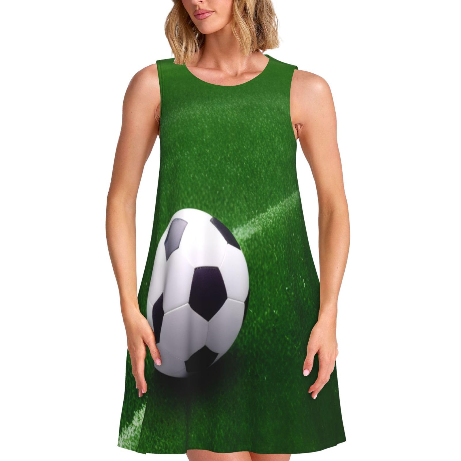 Football On Grass Women's Sleeveless Dresses Summer Crew Neck Swing Tank Dress Beach Sundress with Pockets