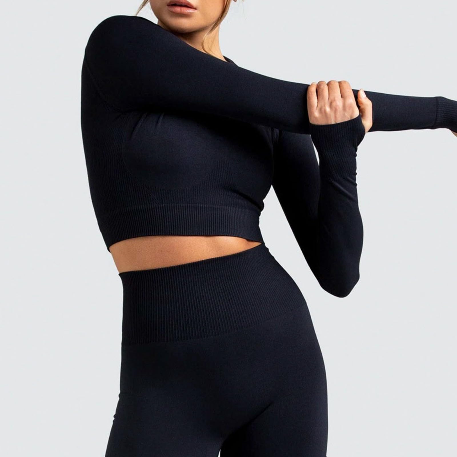 Damen Langarm Crop Top Sport T-Shirt Schnelltrocknend Atmungsaktiv Yoga Laufshirt