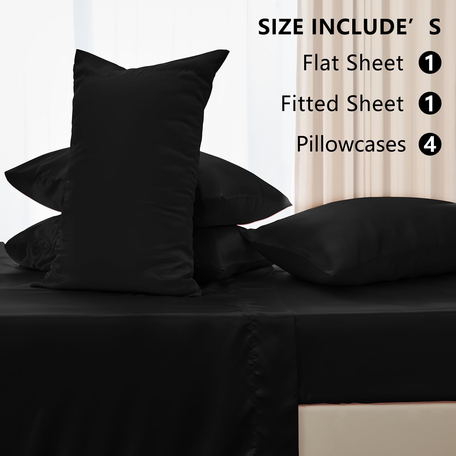 CozyLux Satin Sheets Queen Size Bed Set - 4 Piece Silky Queen Sheet Set, Luxury Sheets with Smooth and Soft Microfiber, Includes 1 Fitted Sheet, 1 Flat Sheet and 2 Pillowcases: Black Queen(6Pc)