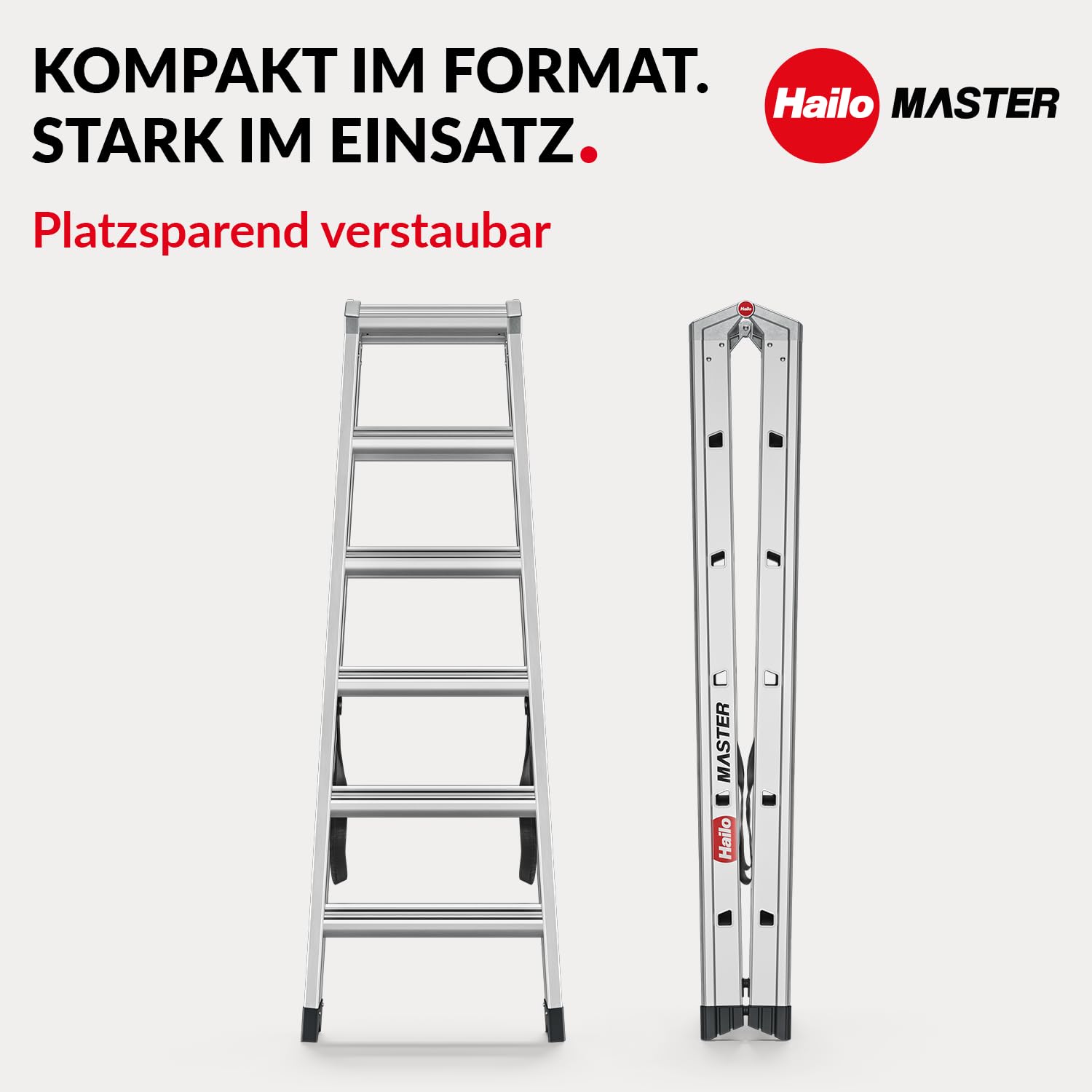 Hailo Master D100 - Escalera de doble peldaño (aluminio, transitable por ambos lados, peldaños antideslizantes, gran superficie de apoyo, 2 x 6 peldaños, certificado EN 131, soporta hasta 150 kg)