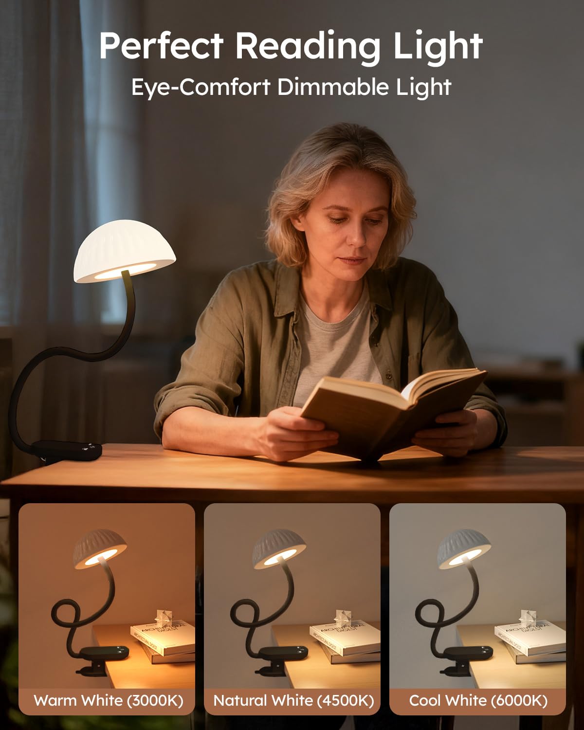 Lámpara inalámbrica con clip, lámpara de escritorio con control táctil con modo ambiente RGB y 3000 K a 6000 K, luz de lectura de libros regulable recargable con brazo flexible, abrazadera resistente