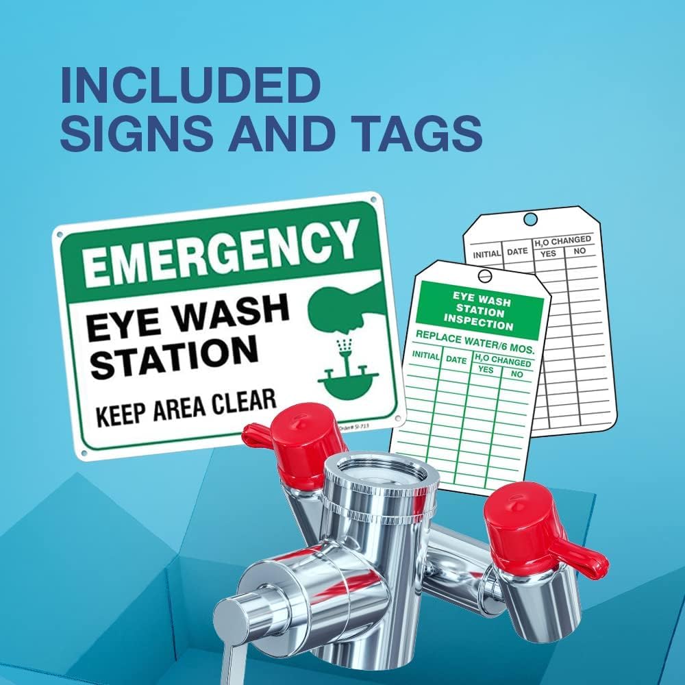 Skywin Kit de lavage oculaire – (lot de 3) Fixation d'évier d'urgence pour station de lavage oculaire – 1 station de lavage oculaire à flux continu, 3 adaptateurs d'évier communs, 2 étiquettes