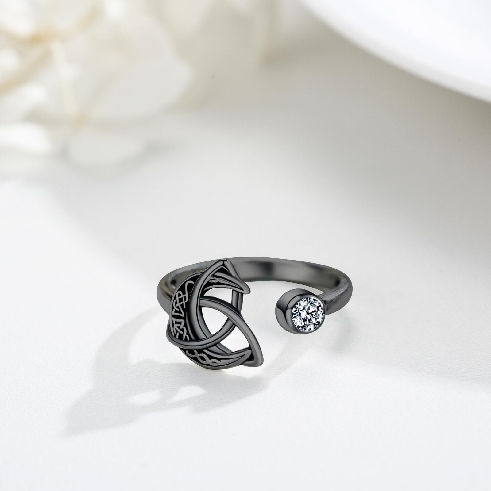Keltischer Knotenring für Damen 925 Sterling silber verstellbarer Zirkonia Mondring irischer Schmuck schwarzer keltischer Schmuck