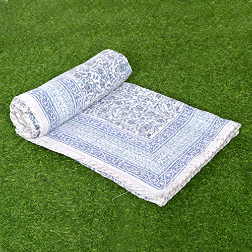 V Vedant Designs Hand Block Floral Print Kantha Quilt, Cotton Kantha Bed Cover, Indian Kantha Quilt,Twin Kantha Bedspread, Handmade Kantha Coverlet Blanket (Block 04)