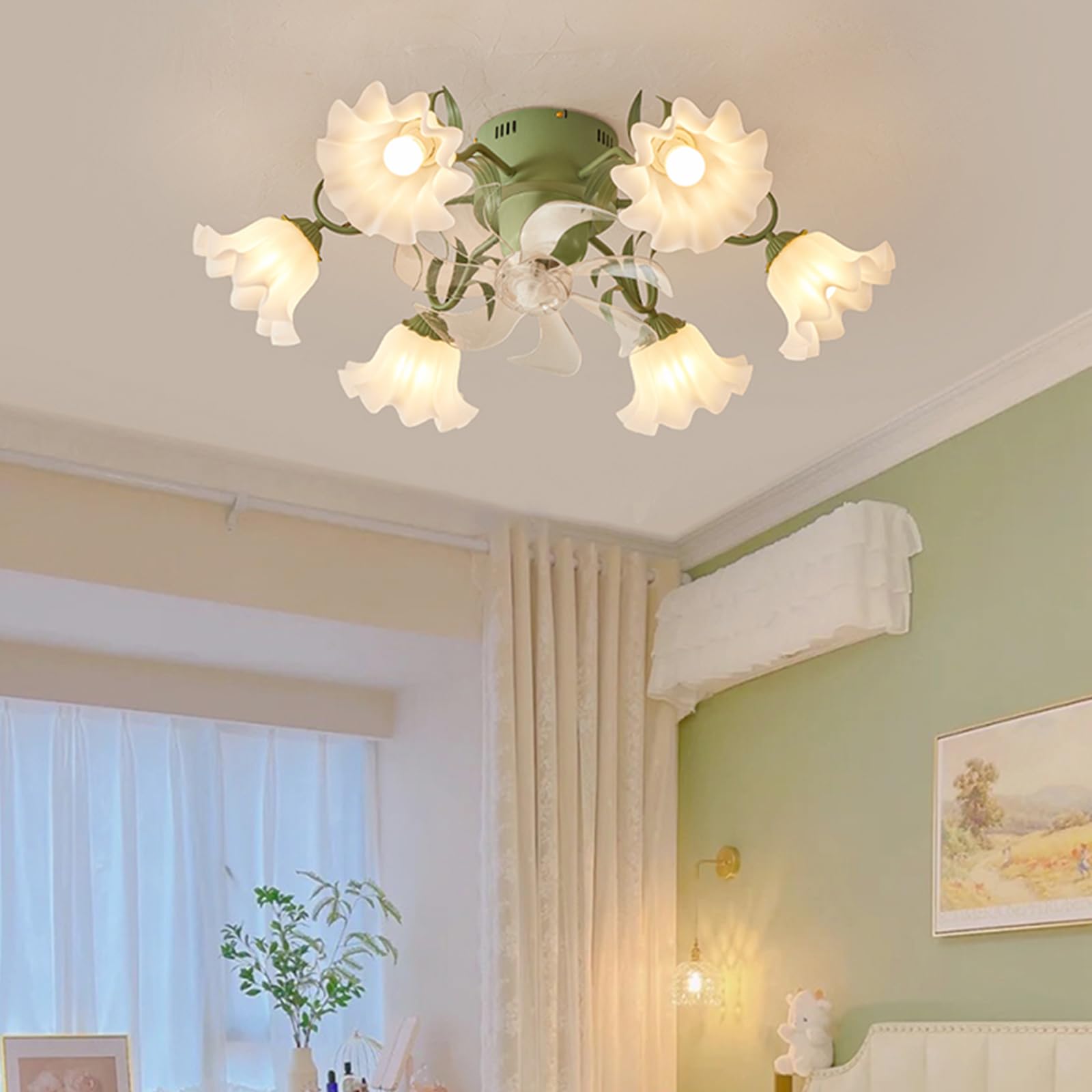 Flush Mount Low Profile Ceiling Fan, 32" Flower Chandelier Fan with Light and Remote, Modern Bladeless Fandelier with 10-Light, 6 Speeds, Timing, Quiet DC Motor, Green?Bulb Not Included?