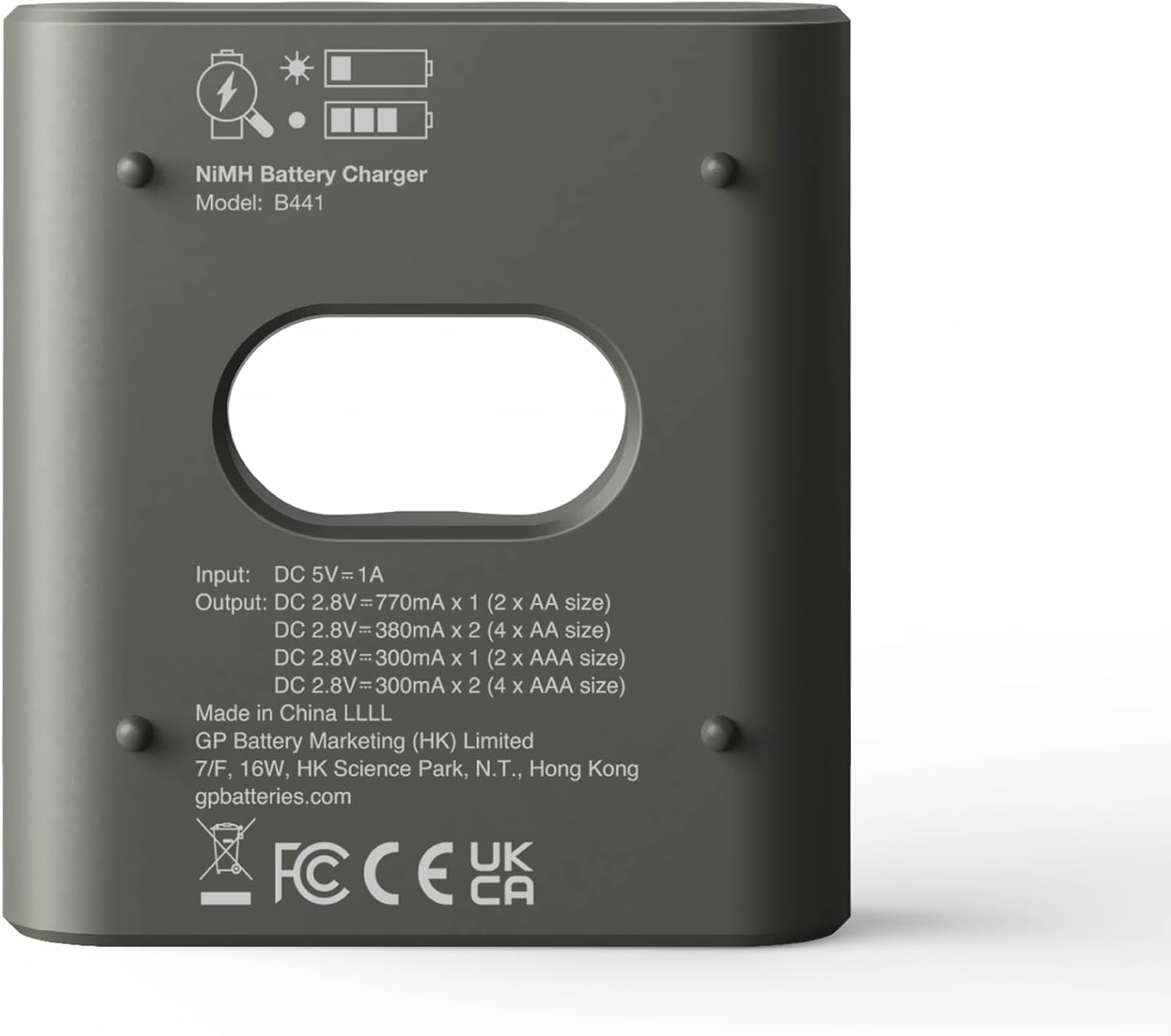 Bagian tukang GP ReCyko USB Battery Charger B441 nunjukkeun spésifikasi input/output sareng nomer modél.