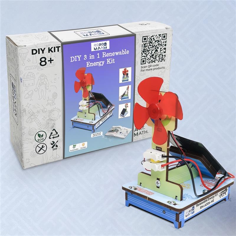 Image of ROBO Man 3-in-1 Solar & Electrical Fan Making Kit | Renewable Energy DIY Science Project for Kids & Students 6, 7, 8, 9, 10, 11 & 12 Years Old