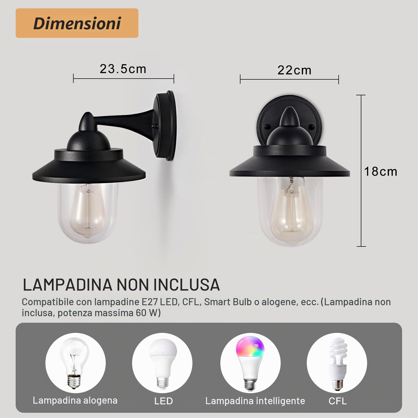 HARPER LIVING applique da esterno, lampada da parete per esterni E27 alimentata a rete con paralume trasparente, IP54 resistente alle intemperie, in alluminio pressofuso, lanterna da esterno retrò