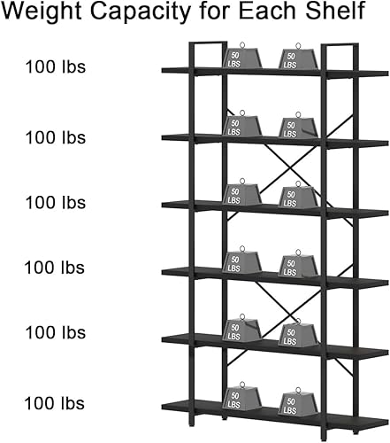 Miniatura 7 de HSH Estantería alta industrial, estante vertical grande de madera y metal de 6 niveles, estantería abierta de 6 estantes para dormitorio, sala de