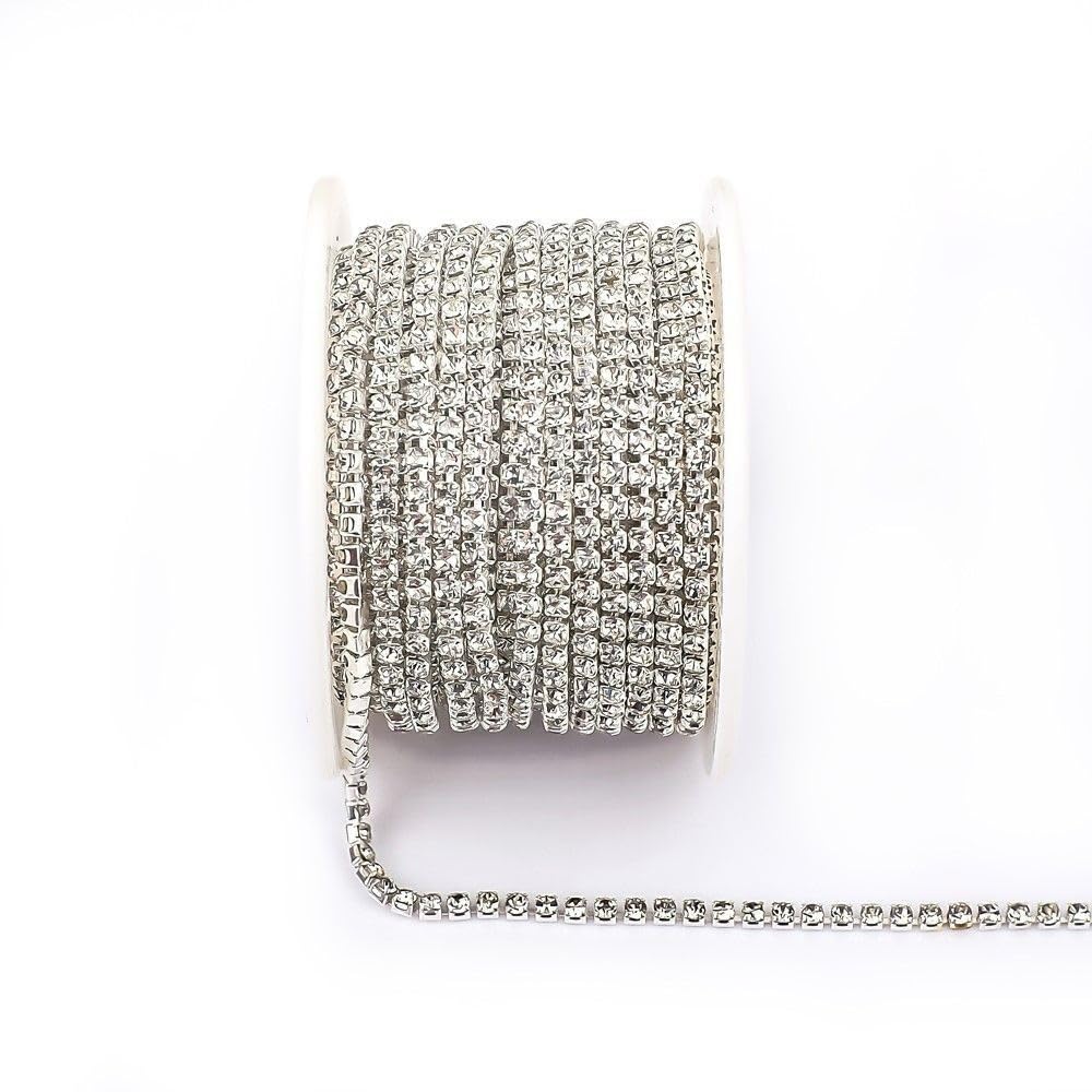 1 Yard Rhinestone Chain Roll (SS6-SS16) - Glitter Crystal Sew-On & Glue-On Trim for DIY Clothing & Garment Accessories - (Color: Silver Base Clear/Size: Ss12-3Mm - 1 Yard - Pack)