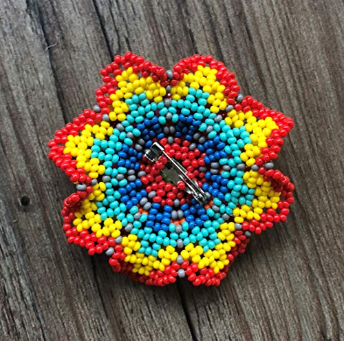 Image of Mayan Arts Mini Beaded Flower Brooch Pin, Green, Orange, Yellow, and Blue Handmade Decorative Flowers, Jewelry Accessory, Fair Trade Guatemala, 2.5 Inches