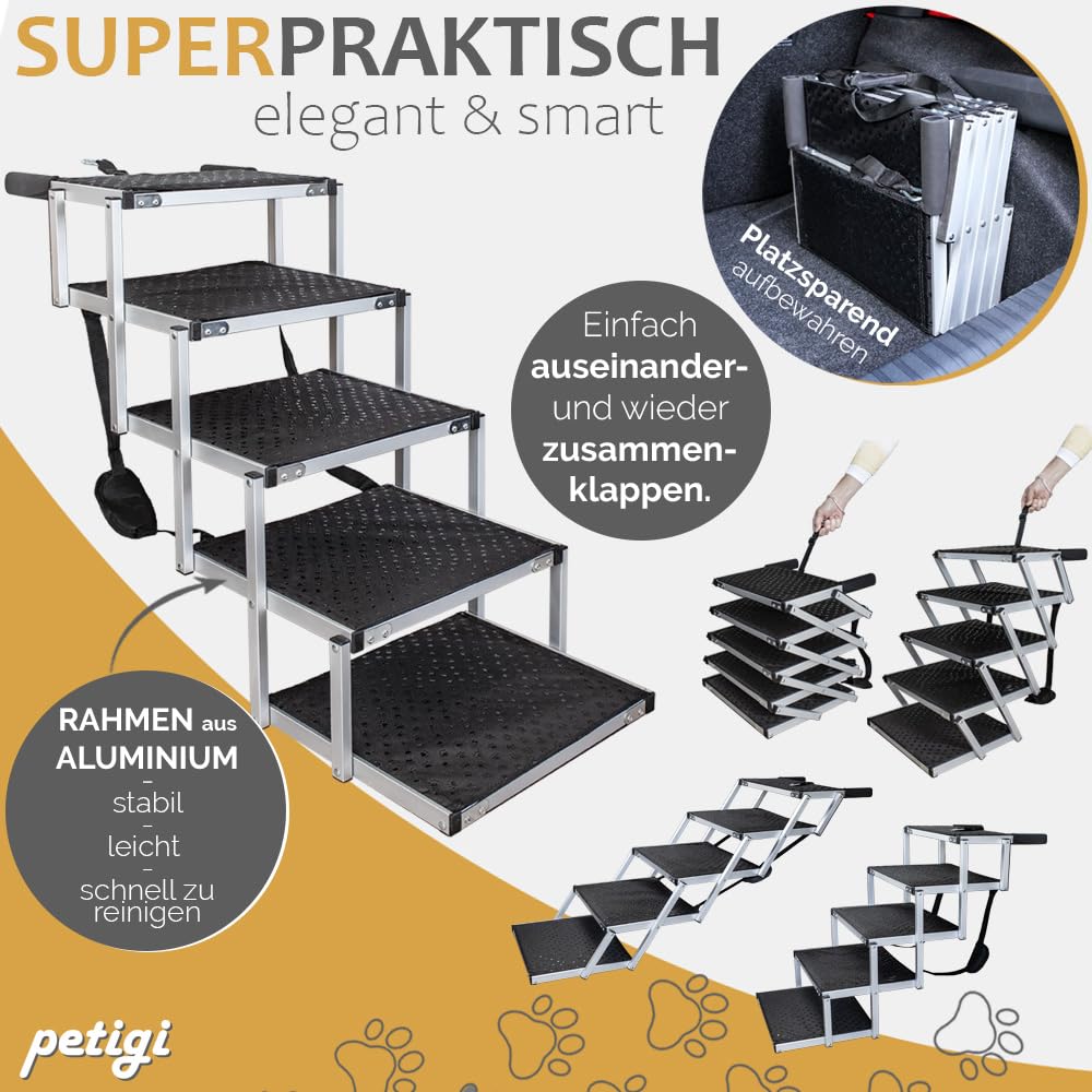 Petigi Auswahl Hunderampe für Auto, Aluminium, Hunde Rampe, Hundetreppe, SUV, rutschfest, Belastbarkeit 50 kg, 70 kg, 90 kg oder 150 kg