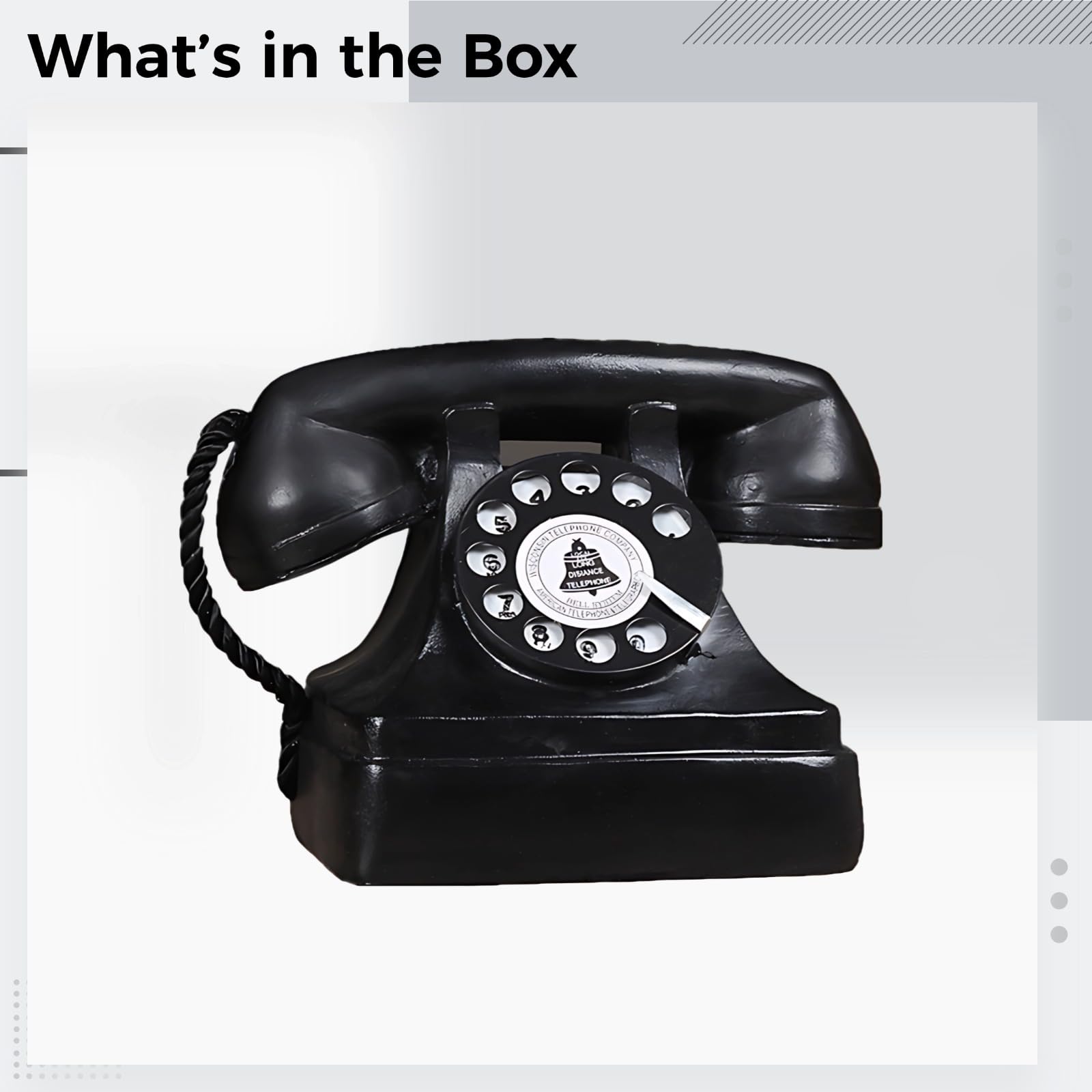 Model telefonu stacjonarnego w stylu retro, antyczny telefon w stylu vintage, czarny klasyczny design z obrotową tarczą i słuchawką, do ekspozycji domu lub kawiarni