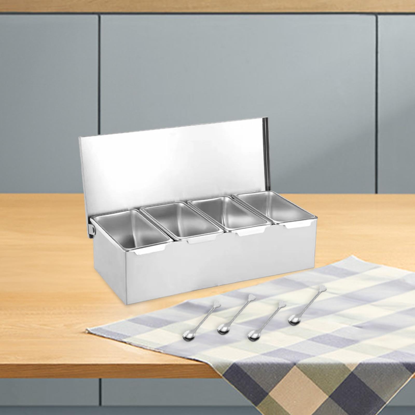 3 Piezas Recipiente para Condimentos Caja Especias Juego Organizador Cocina Acero Inoxidable con Tapa Extraíble Compartimientos Múltiples Adecuado Par, 4 Rejillas