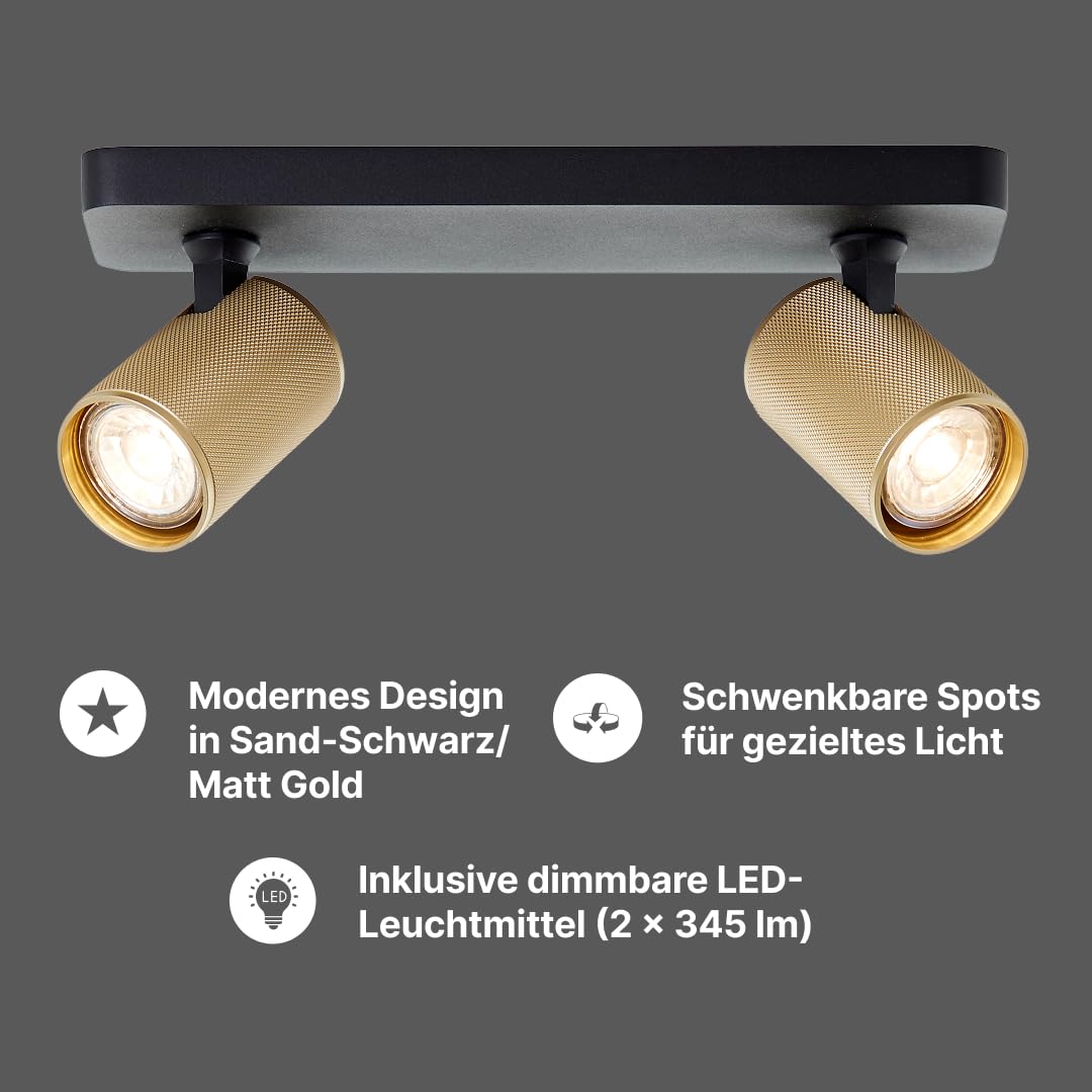 Brilliant Marty LED Deckenstrahler, 2-flammig, schwenkbare Spots mit GU10-Fassung, dimmbar, warmweißes Licht, 2 × 345 Lumen, sand-schwarz/matt-gold – ideal für Wohnzimmer und Flur.