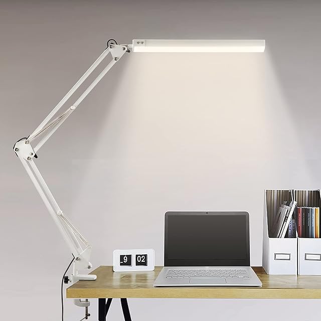 LED Desk Lamp with Clamp, Swing Arm Desk Lamp, Eye-Caring Dimmable Desk Light with 10 Brightness Level, 3 Lighting Modes, Adjustable Table Lamp for Study, Drawing, Office, Architect, Task, Workbench