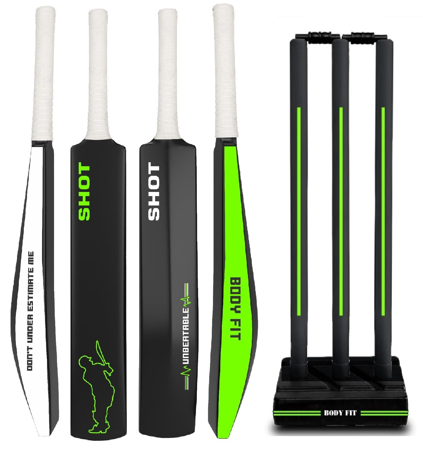 Bodyfit Shot Heavy Duty Premium Cricket Bat for Men, Women & Children | Lightweight| Full Size| | Hard Plastic Bat| Premium Cricket Wicket Set l 3 Stumps+2 Bails+1 Stand Set. (Black-FOraGreen)