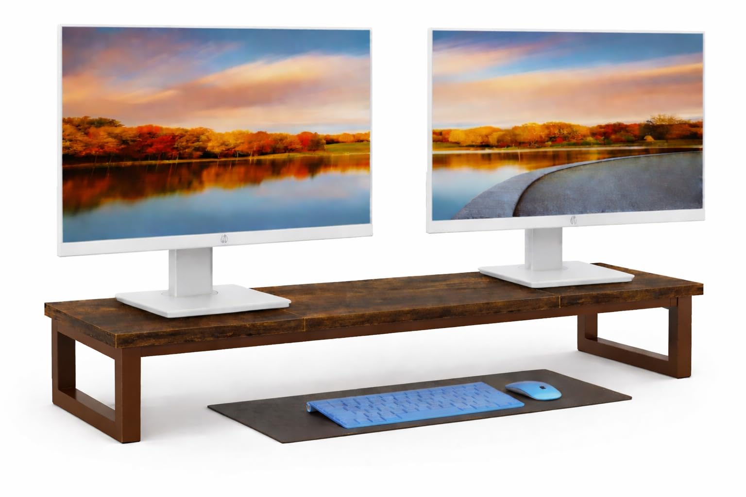 57485 dual monitor stand riser, 39inch large monitor stands for 2 monitors, computer monitor stand, wooden desktop oraganizer shelf for office desk computer,laptop,tv - brown metal frame