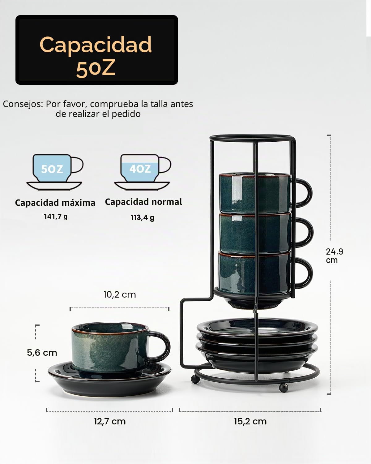 HOME DECOR Juego de tazas de café expreso, proceso de esmalte reactivo, 4 tazas de café de 140 ml con platillo y soporte, elegantes tazas de cerámica para espresso, café y latte, verde oscuro reactivo