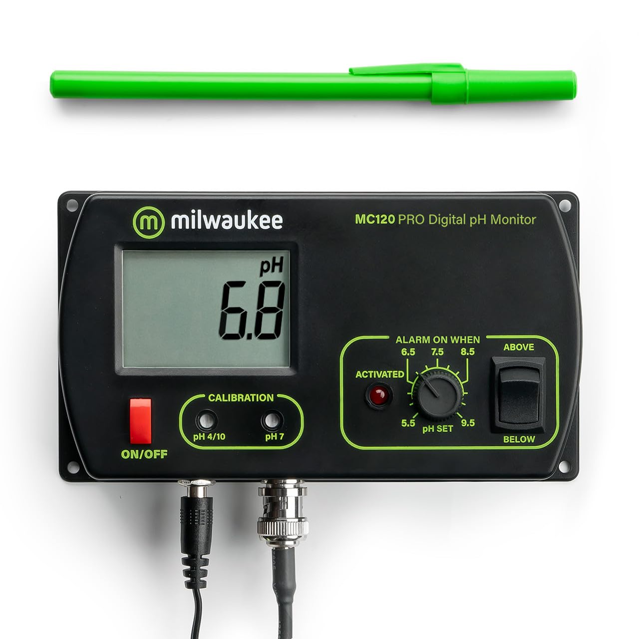 Milwaukee MC120 pH Monitor with Mounting Kit, 0.0 to 14.0 pH, +/-0.2 pH Accuracy, 5.5 to 9.5 pH Set Point