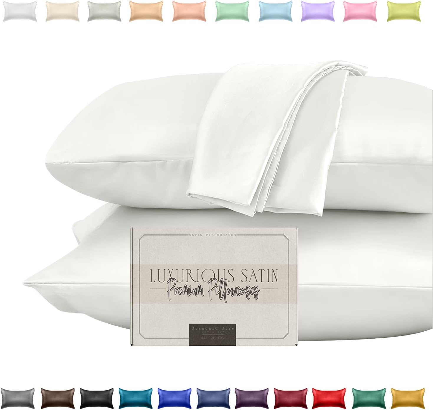 Elegant Comfort Silky and Luxurious 2-Piece Satin Pillowcase Set for Healthier Skin and Hair, Hidden Zipper Closure and Beautifully Packaged, Satin Pillowcase Set, King, White