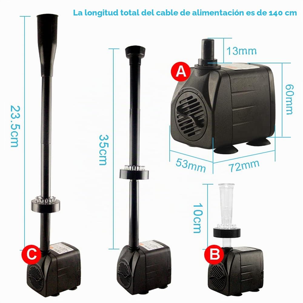 Bomba Agua Sumergible 220V, Bomba de Agua Sumergible Fuente con Boquillas, Bomba Agua Acuario Sin Ruido, Jardin Decorativa Accesorios Acuarios Estanque Bomba Pecera Filtro Pequeña Externo 750L/H 15W