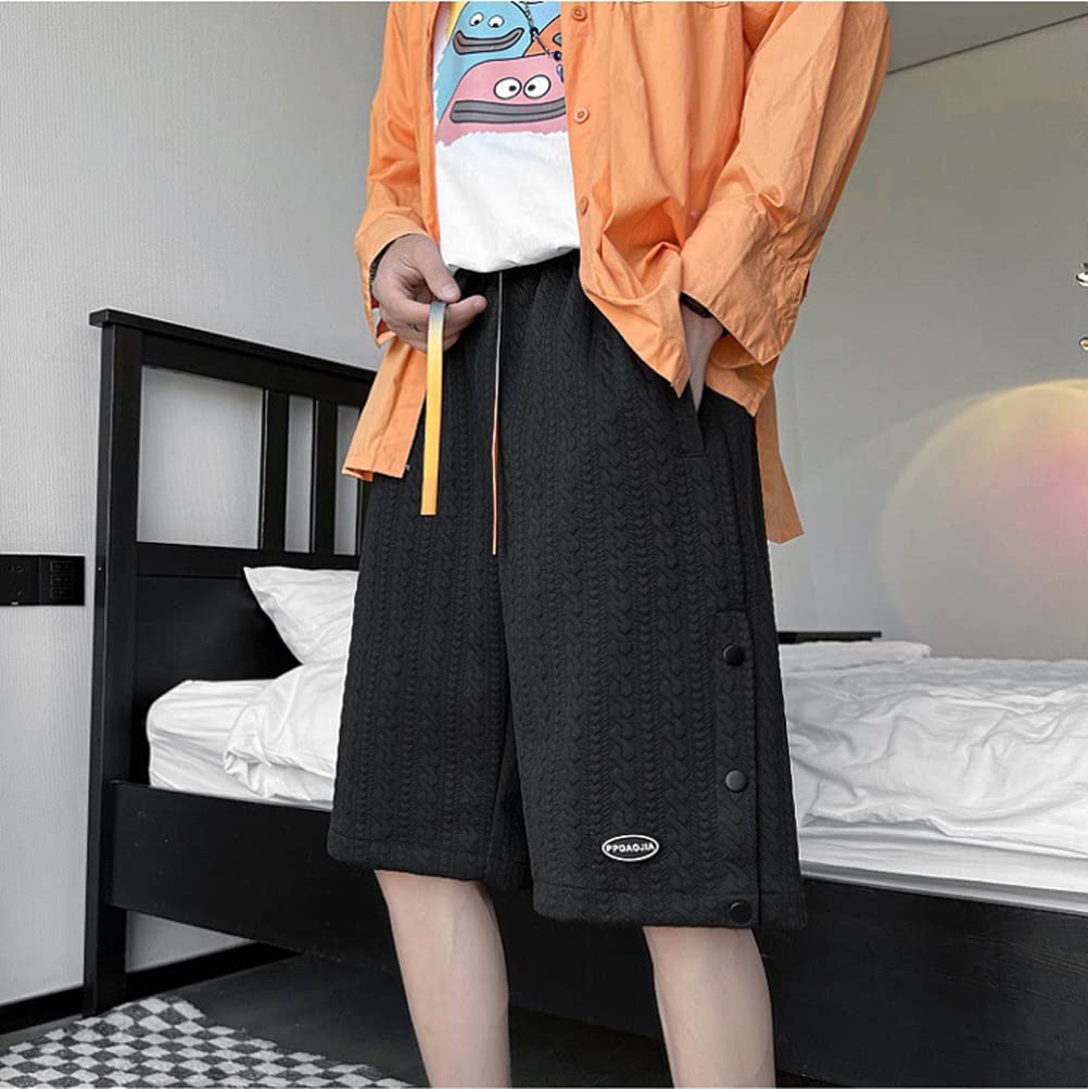Moda męska szorty do kolan żakardowe gładkie kolory spodenki do biegania wygodne na co dzień luźne modne spodenki do biegania męskie bermudy letnie szorty, Czarny, 3XL