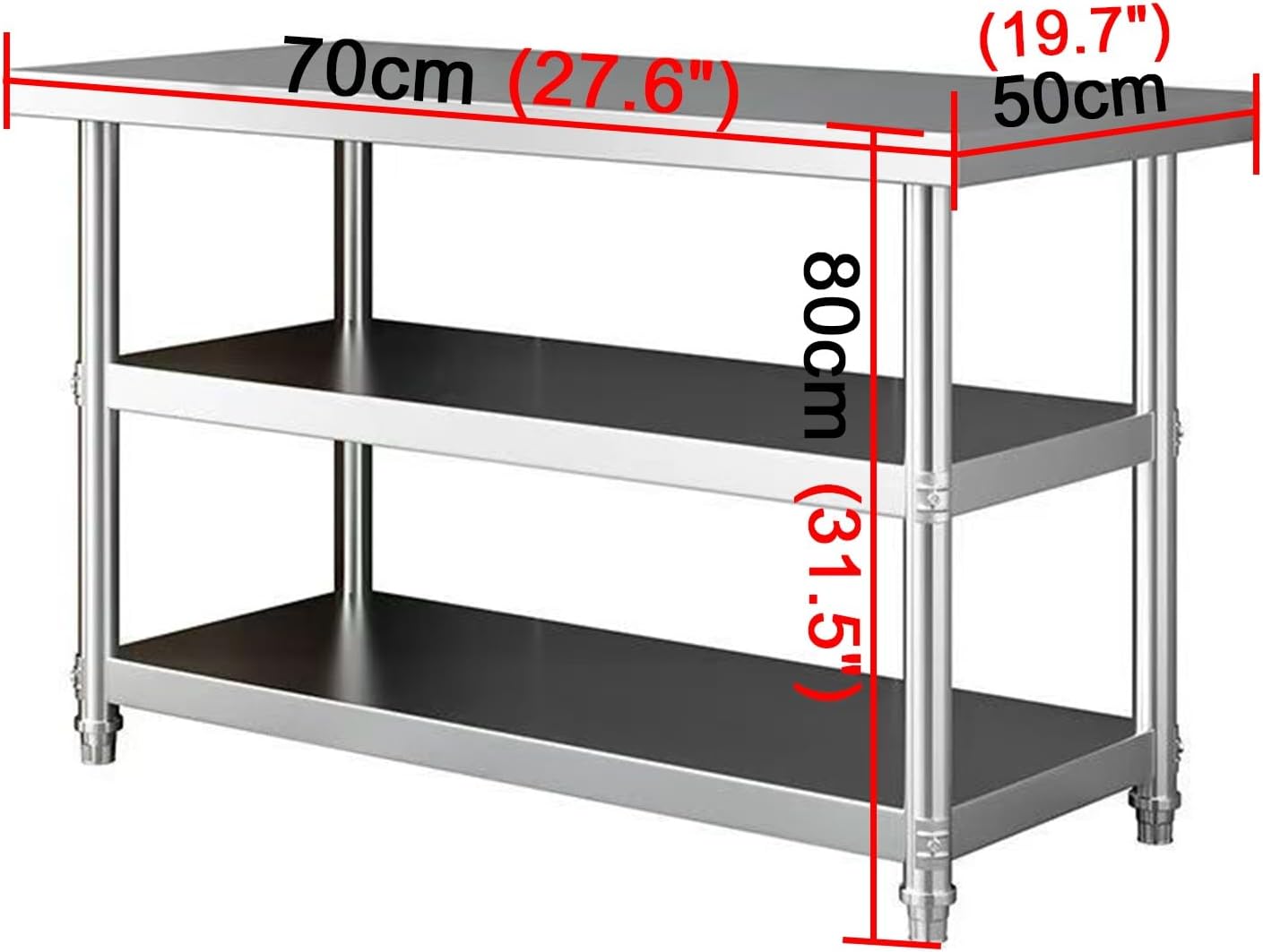Stainless Steel Work Table Adjustable Legs 3-Tier Kitchen Workbench Thickened Countertop Reinforced Crossbeams H80cm (31.5") Triangular Stabilization Ample Storage Space