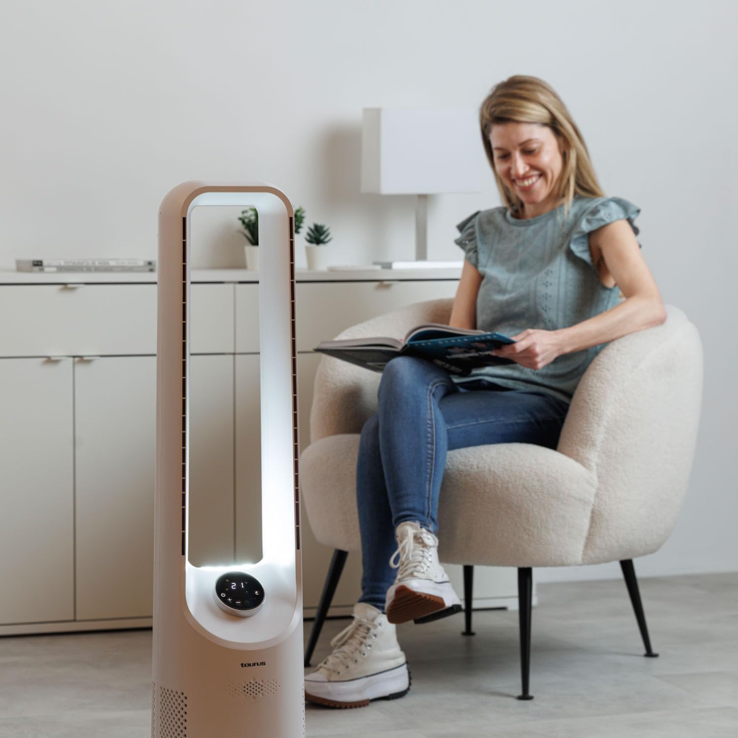 Taurus Babel Endless Ventilador de Torre Bladeless con Motor Digital Brushless Ultra Silencioso, 12 Velocidades, Pantalla LED Táctil, Oscilación, Temporizador 12h y Mando a Distancia