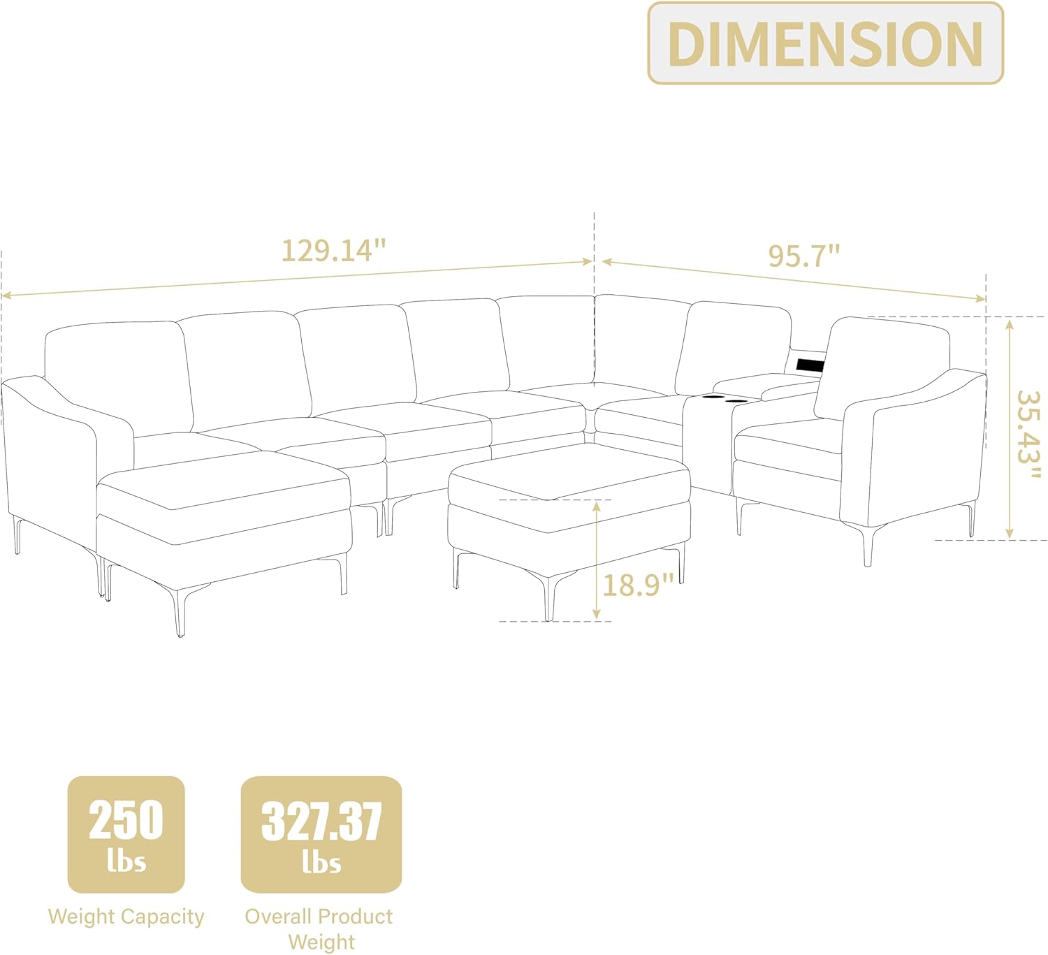 Convertible Sectional Corduroy Sofa with Storage Ottoman,Cupholders, USB Ports for Living Room Apartment,Gray