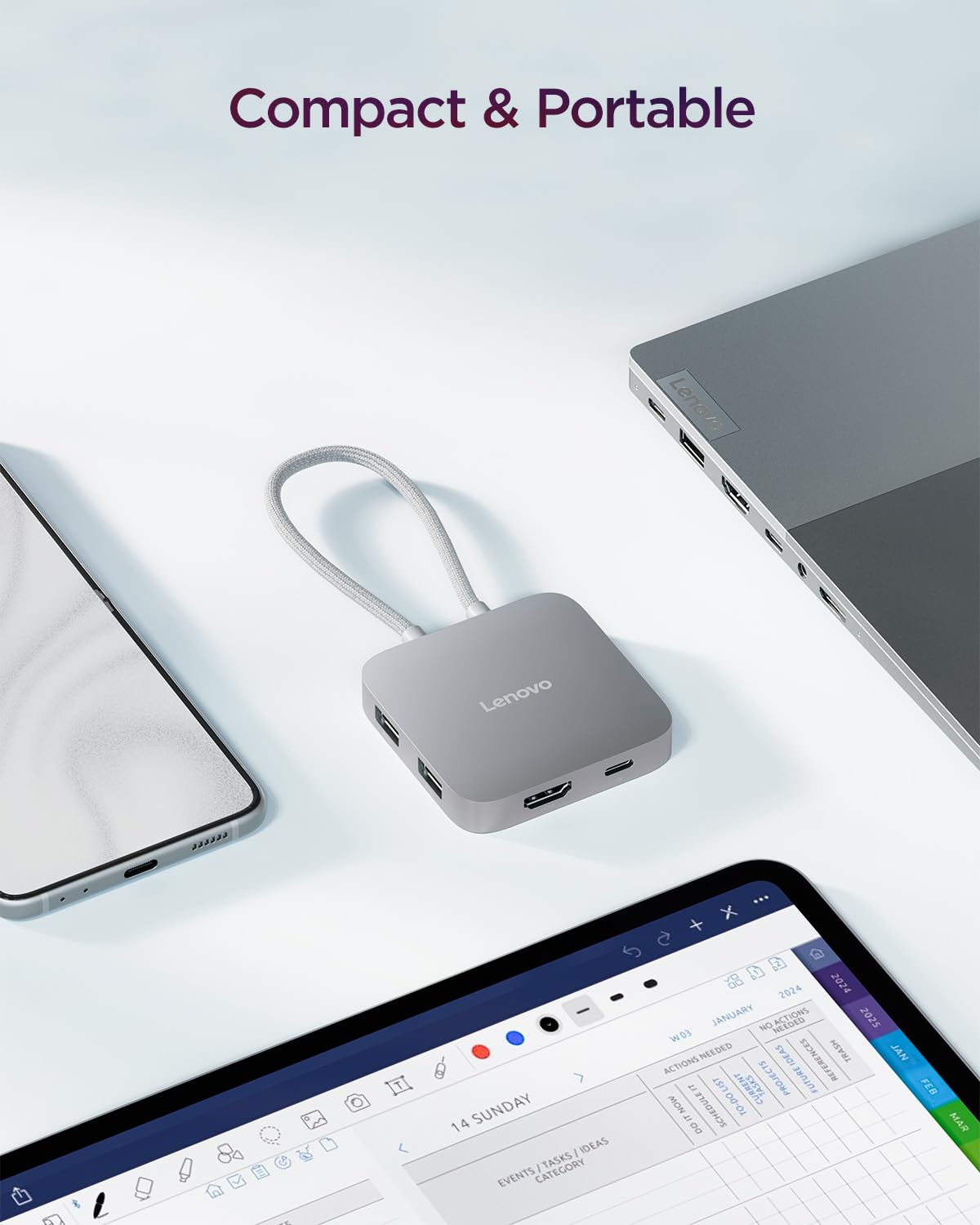 Lenovo Hub de Viaje USB-C 5 en 1, Entrega de energía de 90 W, HDMI 4K 60 Hz, Puertos USB-C y USB-A, Plug and Play, Compacto, Gris Plateado