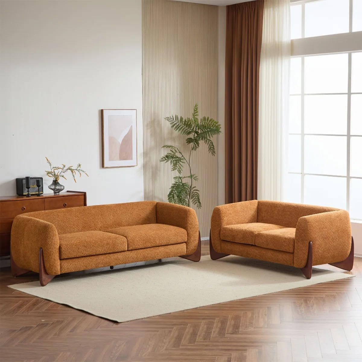 SHINE WOOD ART Boucle Upholstered 5-Seater Sofa and Loveseat Caramel