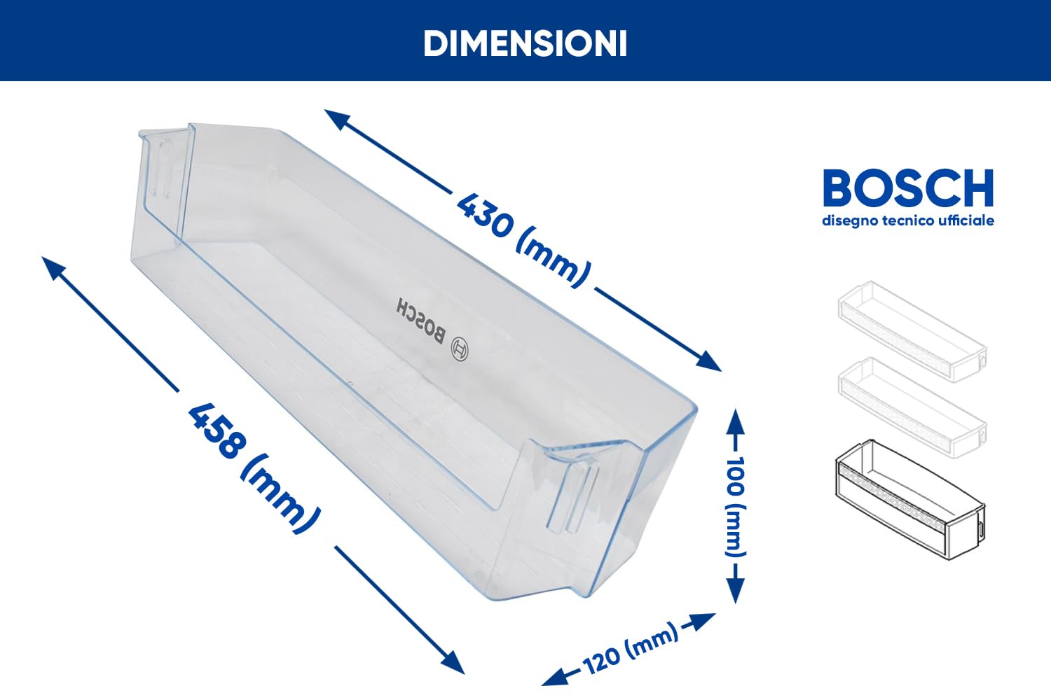 ERICAMBI® Mensola Balconcino Portabottiglie Inferiore per Frigorifero, Compatibile con Bosch Siemens Neff Balay, Dimensioni: 458x100x120 (mm) per Modelli: 3KFE KDN KGE KGN KGV