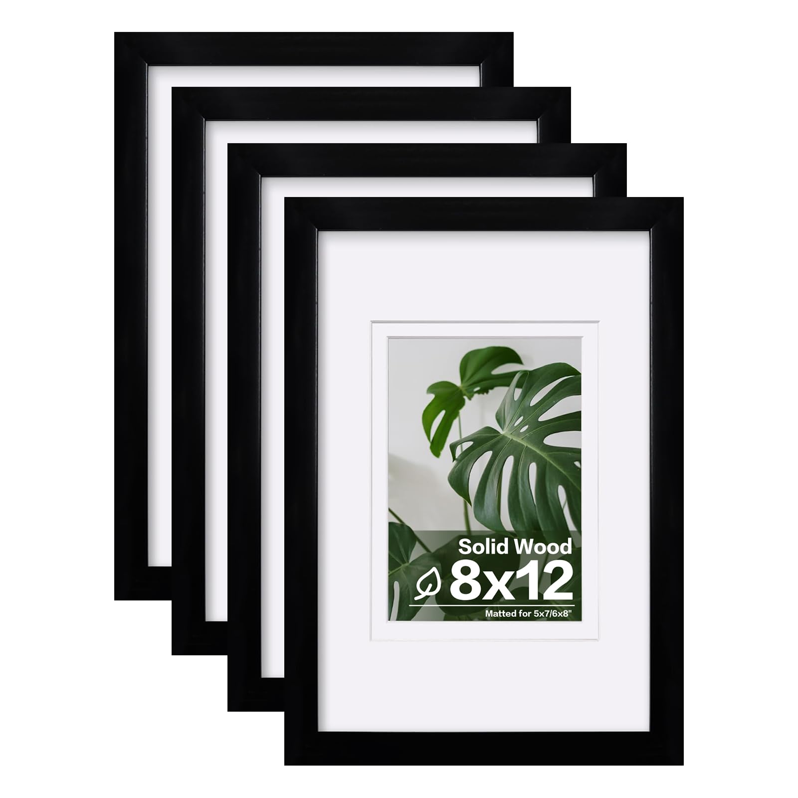 Egofine 8x12 Picture Frames Set of 4, Made of Solid Wood Covered by Plexiglass 5x7 and 6x8 with Mat or 8x12 without Mat, for Table Top Display and Wall Mounting Photo Frame Black