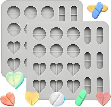 Silicone Pill Molds for Making Pill, Heart and Capsule Shapes Candy Molds, 2-Pack, Gray