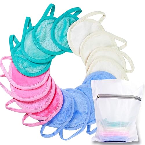 Nugilla Juego de 16 almohadillas de limpieza de microfibra reutilizables de 3.74 pulgadas con bolsa de lavandería adecuada para todo tipo de piel,