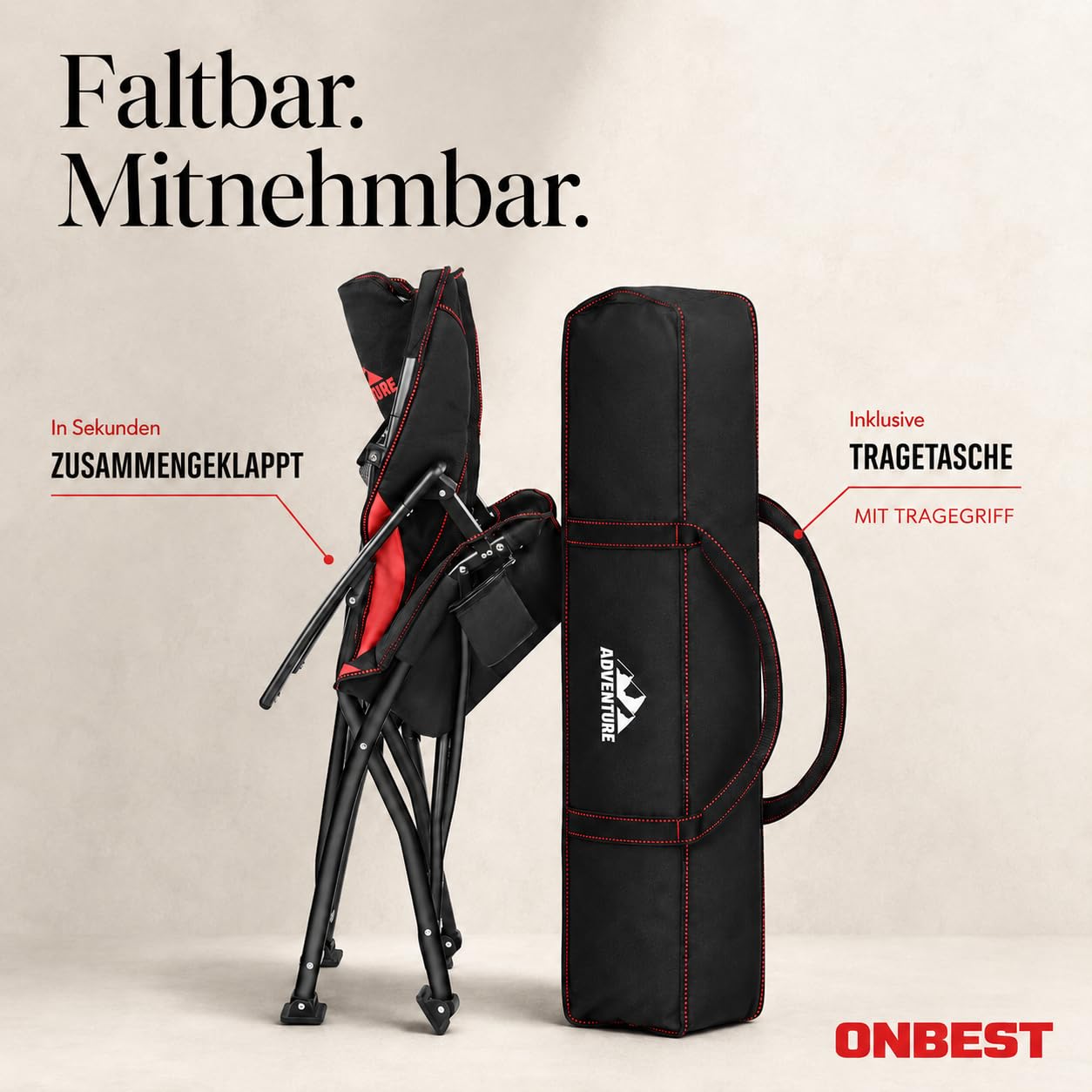 Onbest Campingstuhl faltbar, Hochlehner bequem gepolstert mit viel Stauraum, Getränkehalter, 2 Armlehnen, bis 150 kg belastbar, Klappstuhl kompakt & leicht mit Tasche, Camping Stuhl