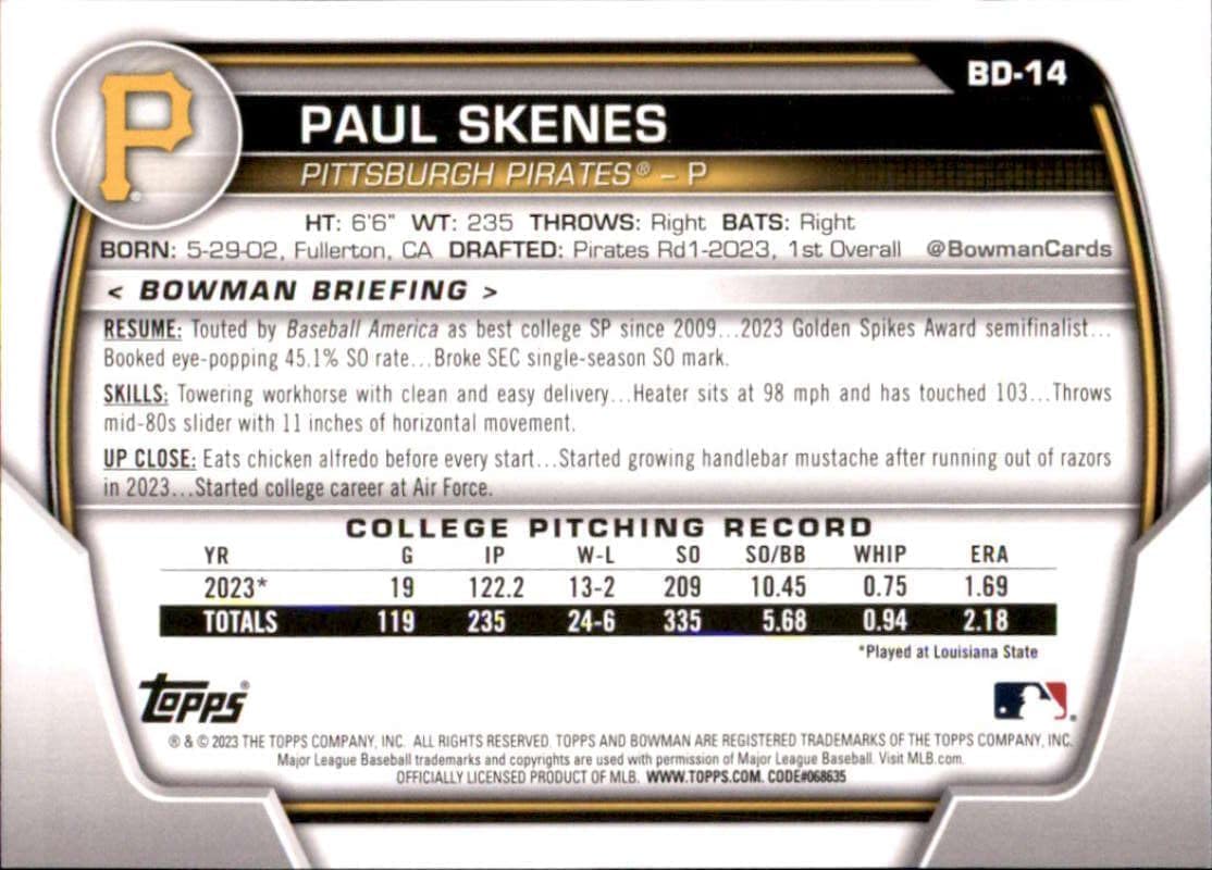 2023 Bowman Draft #BD-14 Paul Skenes Pittsburgh Pirates Official MLB Baseball Card in Raw (NM or Better) Condition